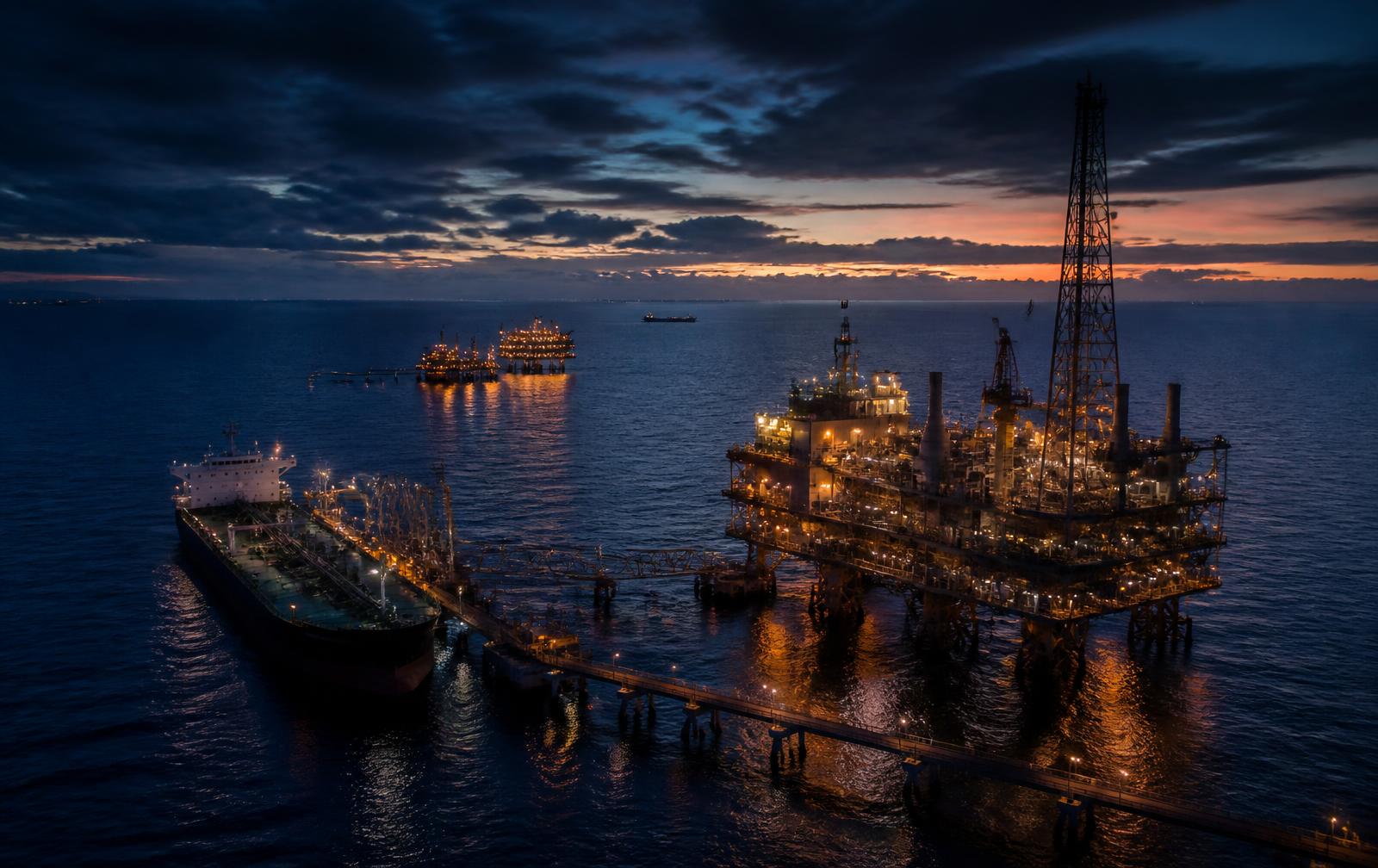 Offshore petroleum platform and tanker at dusk