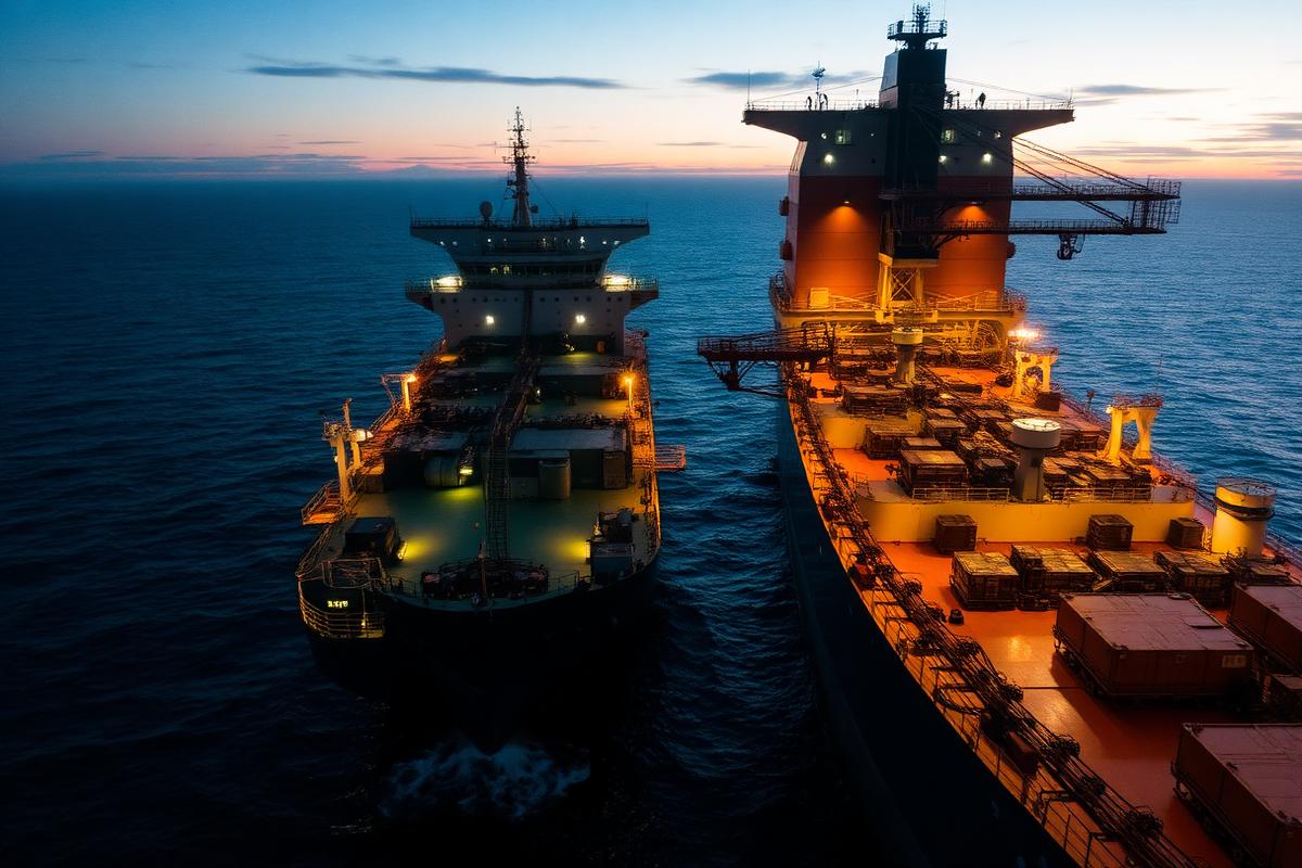 Ship-to-ship transfer between two tankers at dusk
